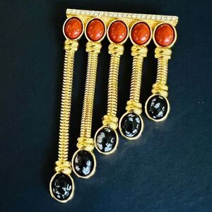 Vintage Huge Dangle Brooch Black Rusty Red Cabochon Stones Gold Tone OOAK 4241